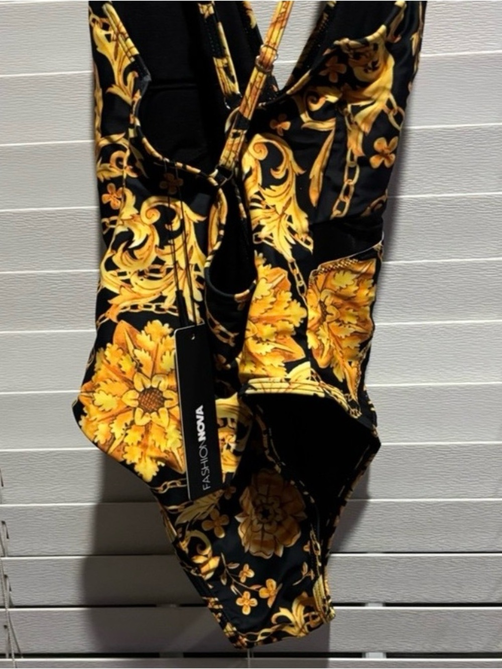 Fashion Nova Black and Gold Baroque One-Piece Swimsuit - Picture 5 of 7